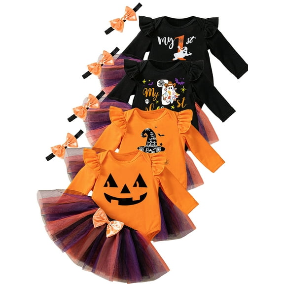 WIBACKER Newborn Baby Girl My 1st Halloween Skirt Outfit, Infant Pumpkin Dress, Toddler Romper Tutu Skirt Headband Set