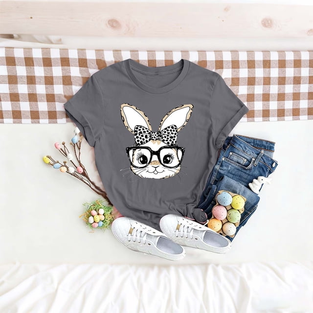 TaTaai Women's Cotton Easter Bunny Tee Short Sleeve Crew Neck Printed Loose Fit Casual Summer Top Family Egg Hunt Daily Wear Gift