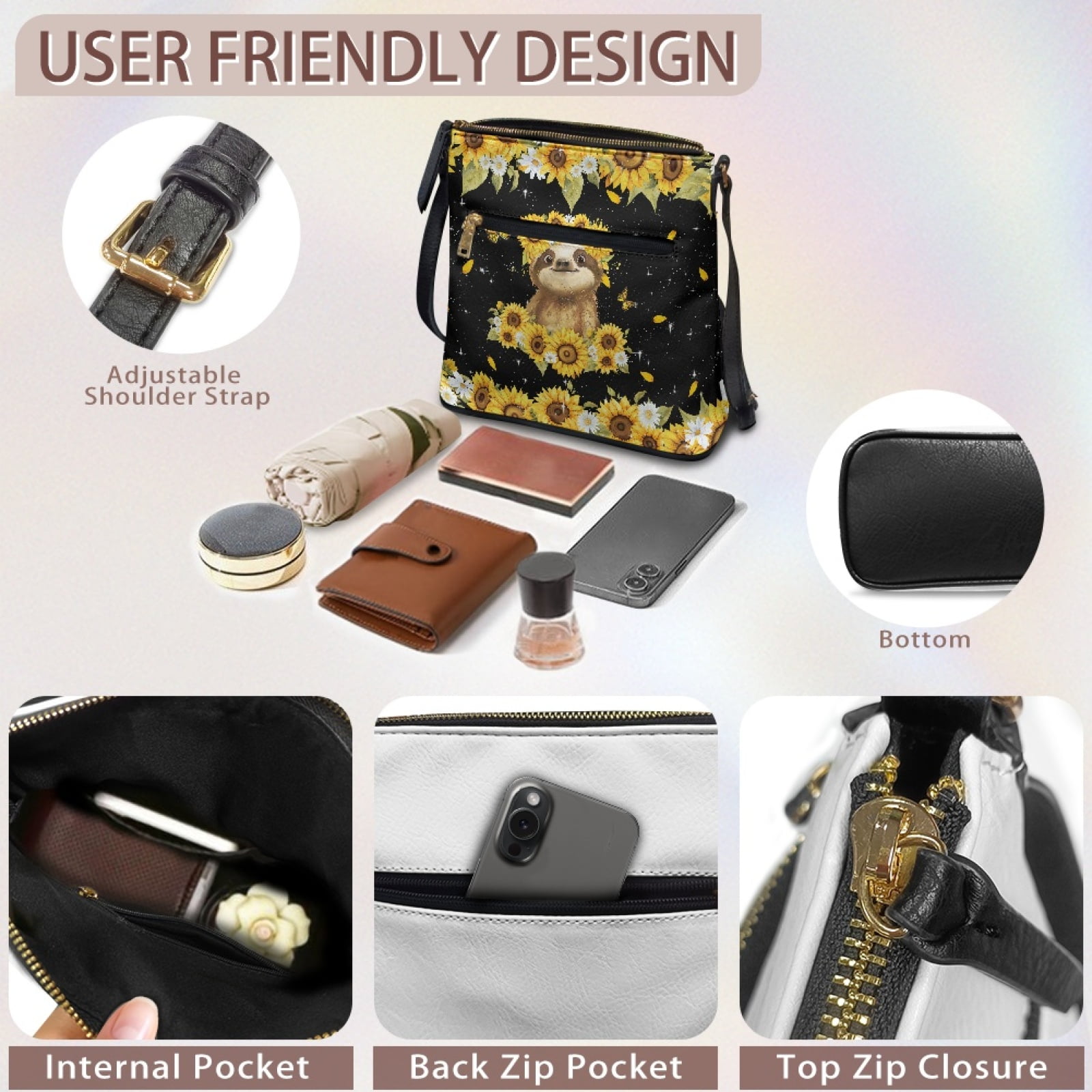 LedBack Sloth Print Crossbody Bag for Women, Zipper Leather Hobo Purse for Women Ladies, Portable Satchel Bag Multi Pockets Shoulder Handbag for Travel Shopping, Black