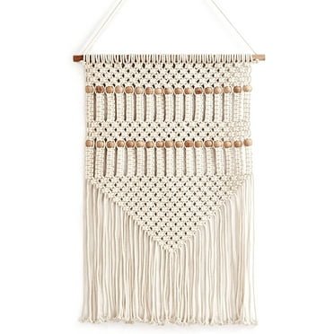 Natural Braid Beads Fringe Macram Wall Hanging Boho Decor Woven Tapestry Cream Beige Bohemian Tassel Wall Hanging Art Cotton Rope Woven Large Room Decor Curtain for Home Apartment Dorm Room Backdrop