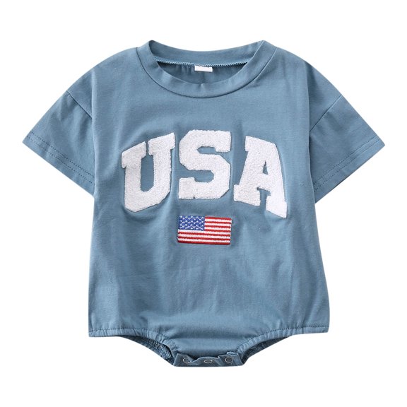 Zhuashum Summer Bodysuit For Girls 6-12 Months 4Th Of July Short Sleeve Independence Day 4Th Of July Romper Bodysuits Round Neck Cartoon Pattern Casual Playsuit Blue