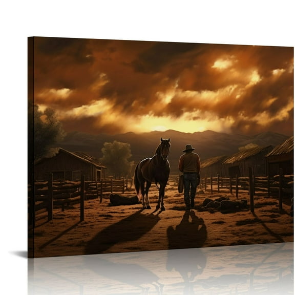 EastSmooth  Cowboy Wall Art Running Horse Picture Western Wall Decor Painting Animal Framed Canvas Print Rustic Country Farmhouse Wall Decor