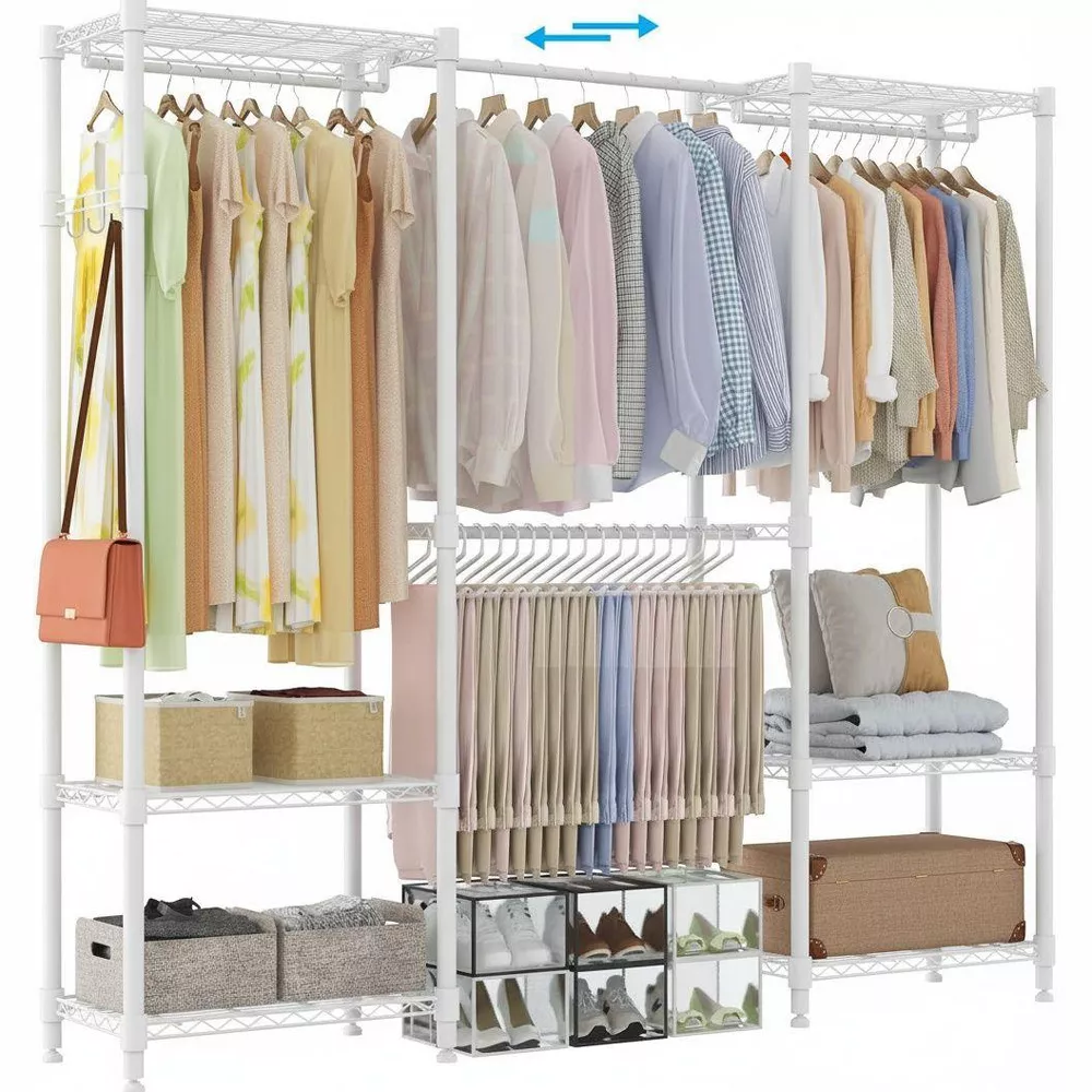 Sailvan 3-Tier Heavy Duty Garment Rack with Wheels, Adjustable Wire Clothes Rack with Double Hanging Rods & Side Hooks, Portable Closet,White