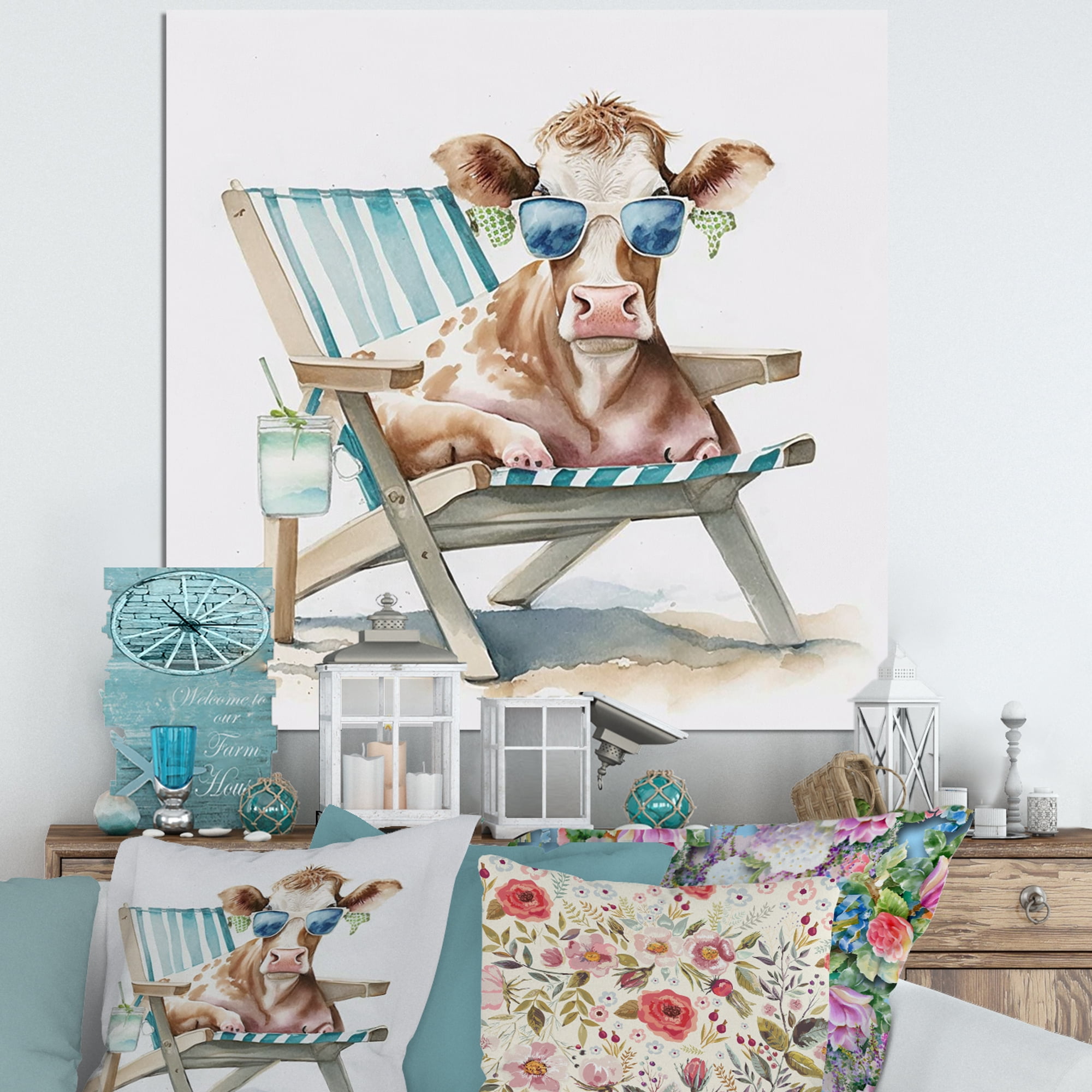Designart Cow Lounging With Sunglasses I Canvas Wall Art