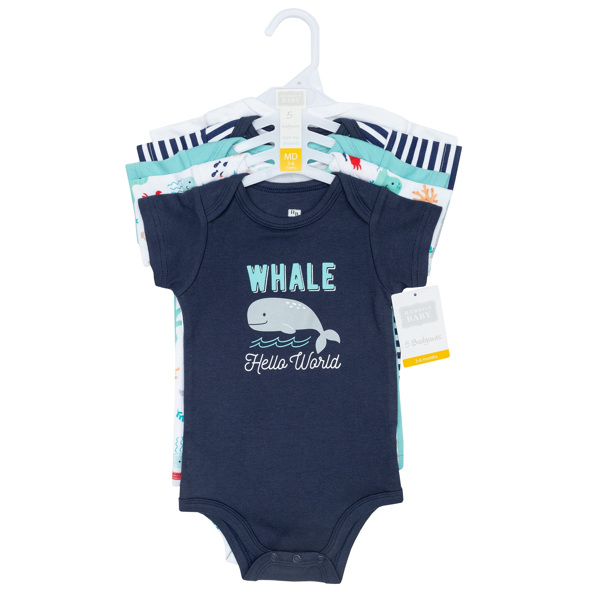 Hudson Baby Infant Boys Cotton Bodysuits 5-Pack, Sea Characters, Newborn