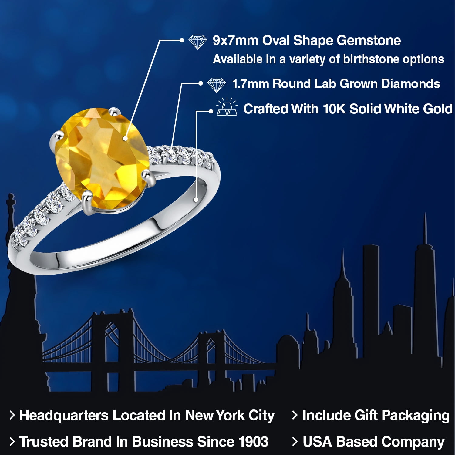 Gem Stone King 10K White Gold Yellow Citrine and Lab Grown Diamond Engagement Ring for Women | 1.70 Cttw | Oval 9X7MM | Gemstone November Birthstone | Size 8
