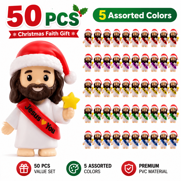 50 Pcs Little Jesus Figures, Mini PVC Jesus Figurines with Santa Hat and Star Wand, Christian Faith Gifts, Religious Party Favors, Church Giveaways, Christmas Stocking Stuffers, Desk Car Decor