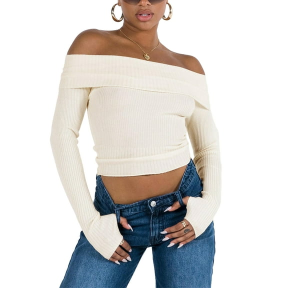 Michellecmm Women's Off-Shoulder Cropped Tops Solid Ribbed Long Sleeve Knitwear