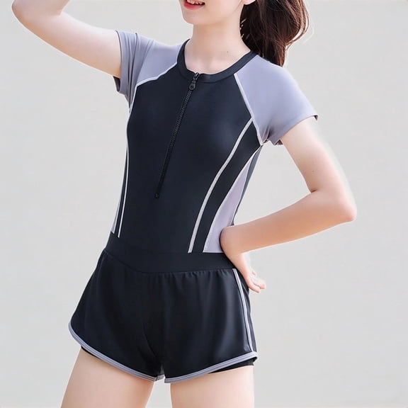 REDARER Girls Rash Guard Swim Set – Color-Block Short-Sleeve Top & Ruffled Shorts, Stylish Design for Beach Pool Kids Bathing Suits,9-11 Years