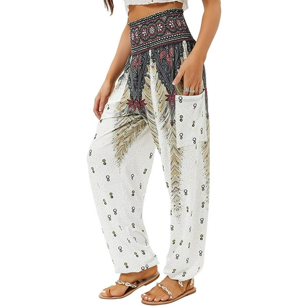 Pantalones harén para mujer, pantalones bohemios de yoga de cintura alta con bolsillos lavables a máquina
