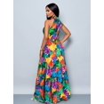 thumbnail image 2 of Womens Multicolor Allover Tropical Leaf Print Halter Neck Maxi Dress With Self-Tie Belt, Flowing Vacation Style, 2 of 8