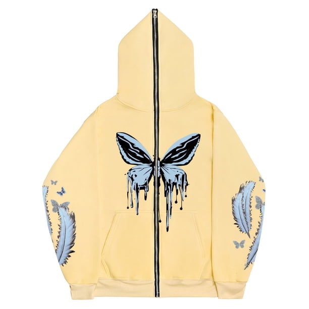 Sudadera Y2K con estampado de mariposas y plumas oscuras europeas y americanas, sudaderas con capucha para hombres y mujeres, sudadera con cremallera larga Harajuku para parejas góticas
