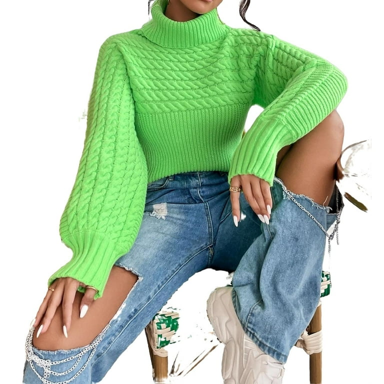 Casual Plain High Neck Pullovers Long Sleeve Lime Green Women Sweaters Women s Walmart
