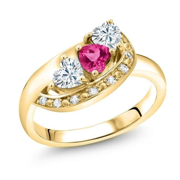 18K Yellow Gold Plated Silver Pink Created Sapphire and White Moissanite and White Created Sapphire Engagement Ring for Women (1.02 Cttw, Gemstone September Birthstone, Heart Shape 4MM, Size 6)