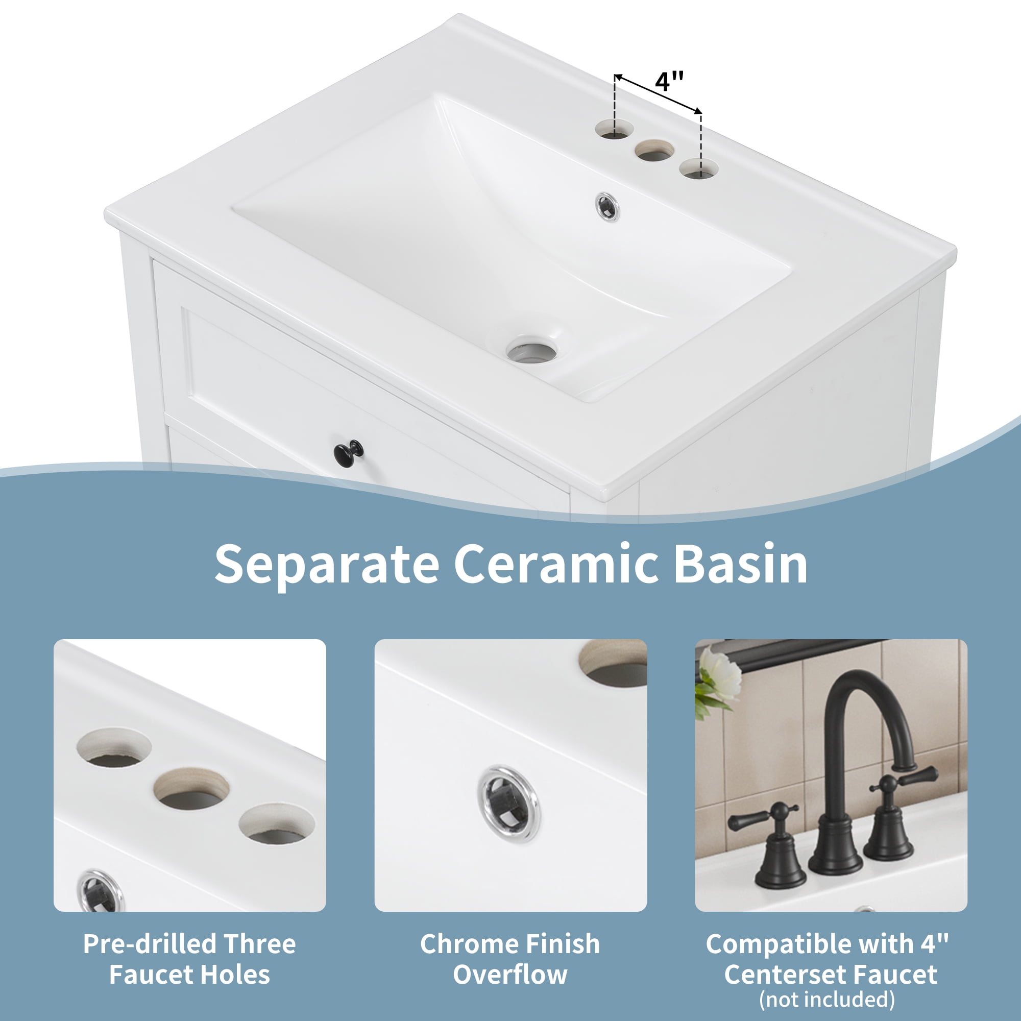 Euroco "24" White Bathroom Vanity with Sink, MDF & Rubberwood Construction, 3 Drawers & Cabinet with Adjustable Shelves, Modern Design for Small to Medium Bathrooms"