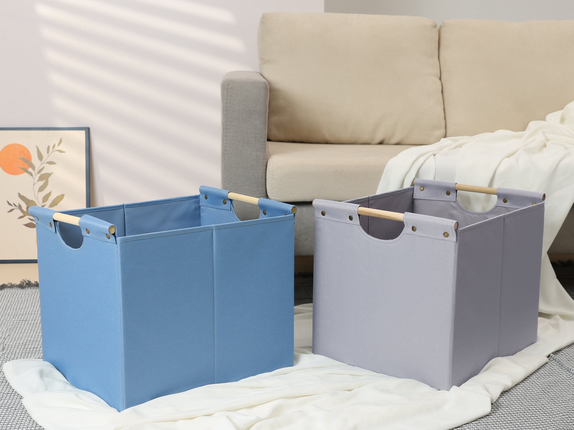 Unique Bargains Fabric Storage Bin with Wooden Handles Blue 15*12.8*12.8