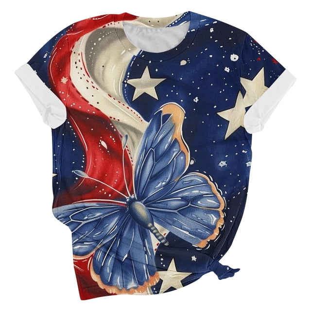 Chandail à Col Rond à Manches Courtes Imprimé pour la Fête de l'Indépendance pour Femmes, Tissu en Polyester Léger, Coupe Ample, Col Ras du Cou, Respirant pour le Port Quotidien