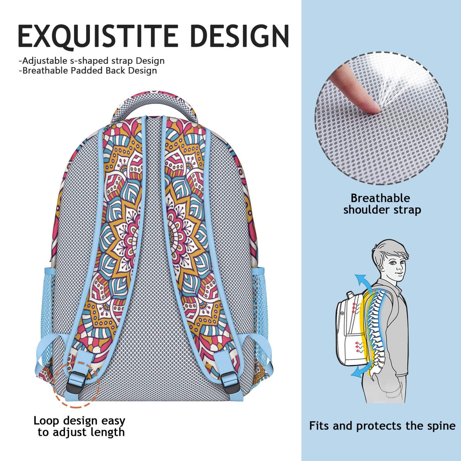 Abstract Ornamental Mandala Backpack - Stylish Boho Bookbag with Padded Straps for Teens