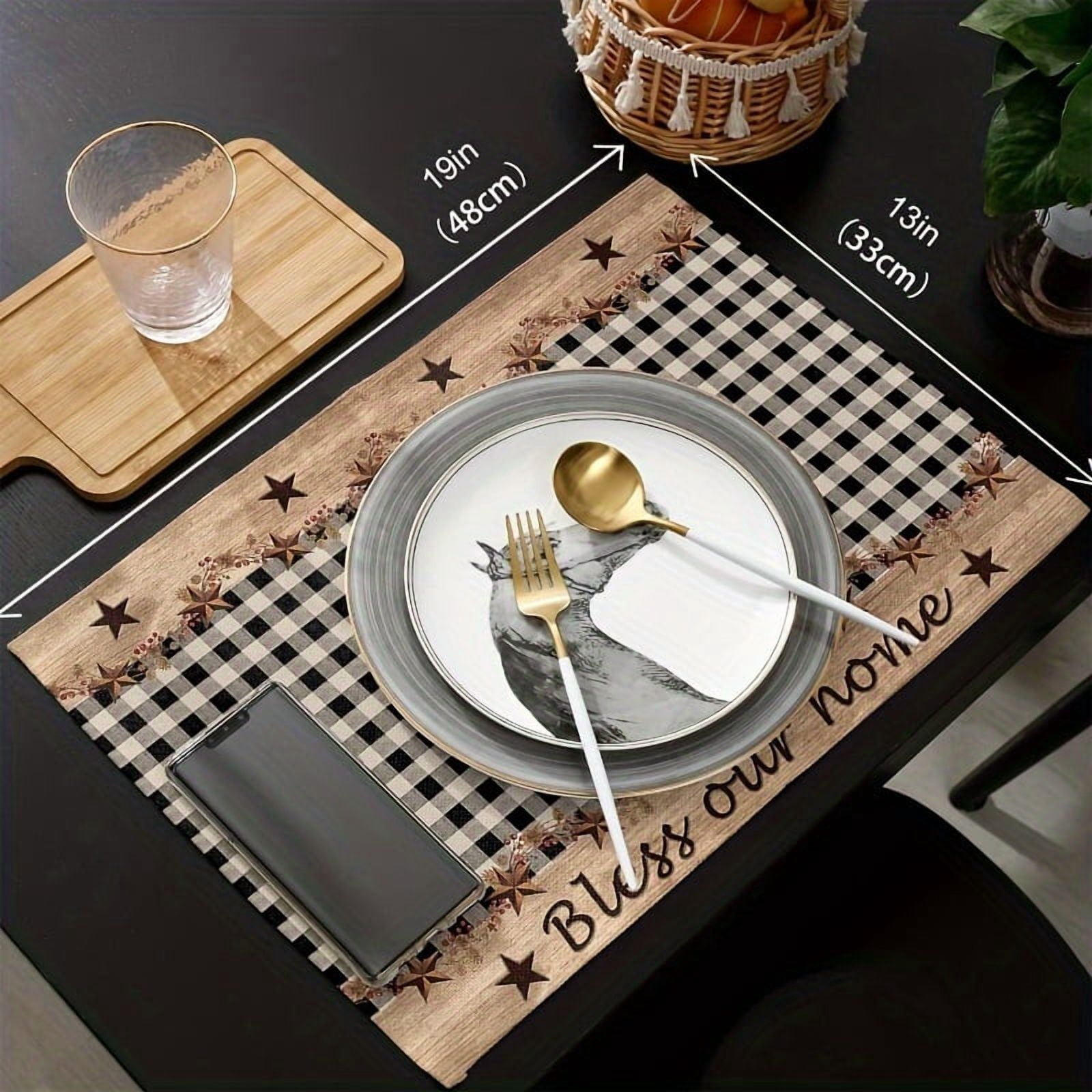 ACMDL   Set of 4 Farmhouse Black Plaid Polyester Place Mats with Vintage Country Star Design  Non-Slip Heat Insulation Square Table Mats  Hand Wash Only