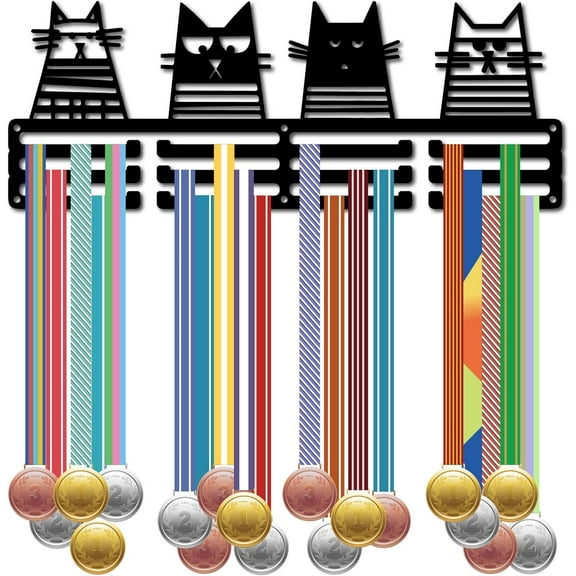 Cat Shape Medal Holder Wall Mount Iron Frame Decor Awards Storage Hanger 3 Lines Separate Hooks for Athletes Competition Winners Gifts 60  Medals Ribbons Organizer Display 15.7x5.9in