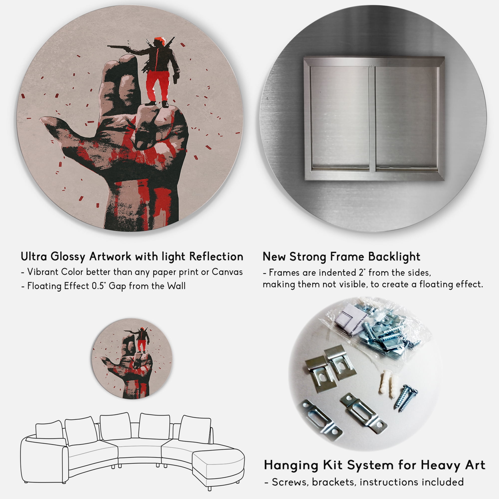 Designart 'Gun Hand Sign With Man Shooting Gun' Modern Circle Metal Wall Art 11x11 - Disc of 11
