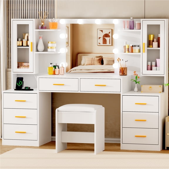 BEWISHOME 59.1" White Makeup Vanity Desk with Lighted Mirror, 10 Dimmable LED Bulbs, Charging Station with 2 AC Outlets & 2 USB Ports, 8 Drawers & 2 Glass Cabinets, Dressing Table for Bedroom