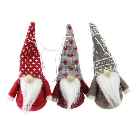 Set of 3 Red Brown and Gray Santa Gnome Christmas Ornament Decorations 4.5"