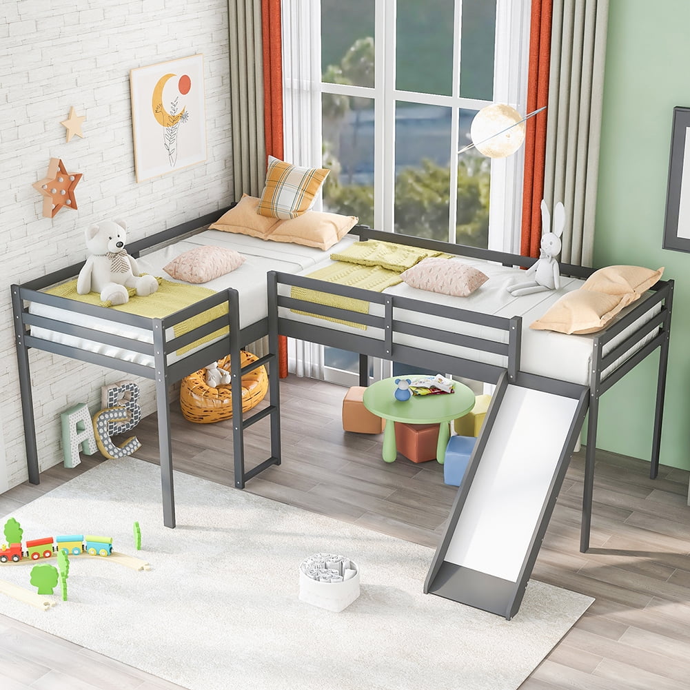Kadyn L Shaped Loft Bed in Kid's Bedroom with Ladder and Slide, Gray Kadyn L Shaped Loft Bed in Kid's Bedroom with Ladder and Slide, Gray