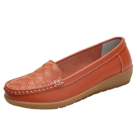OJSFQUFP Womens Casual Shoes Women Comfort Walking Flat Loafer Slip On Leather Loafer Comfortable Flat Shoes Outdoor Driving Shoes Fashion Sneakers for Women 2024 Orange 41