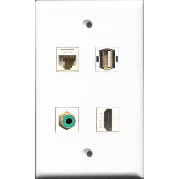RiteAV 1 Port HDMI and 1 Port RCA Green and 1 Port USB A-A and 1 Port Cat6 Ethernet White Wall Plate