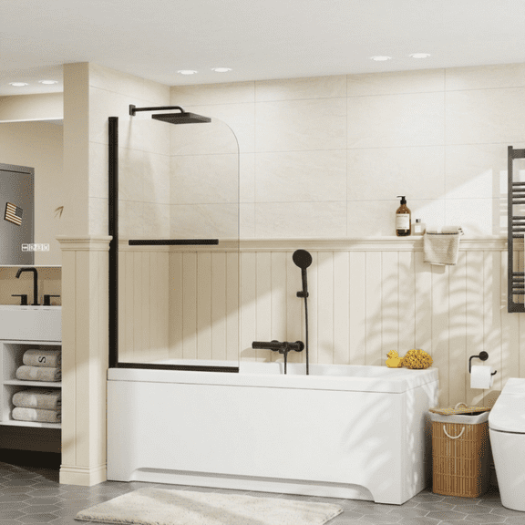 31"W x 55"H Frameless Bathtub Shower Door, 1/4"(6mm) Tempered Glass, Matte Black