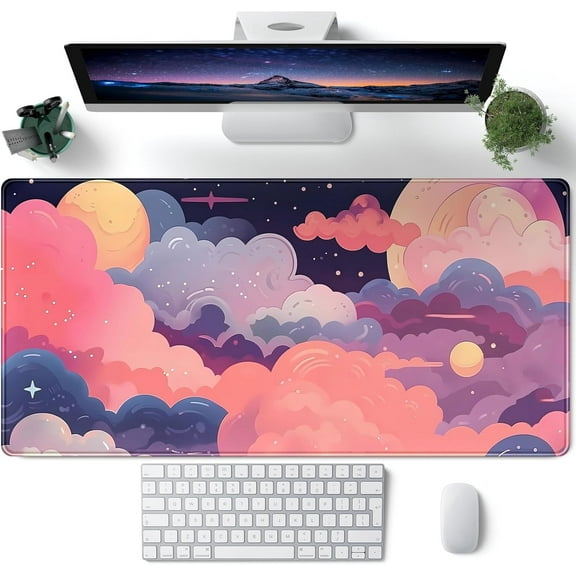 Cute Desk Mat Kawaii Clouds Pink Purple Desk Pad Anime XXL Large Mouse Pad Big Full Desk Gaming Mousepad Laptop Computer Keyboard Mouse Mat 31.5''''X 15.7'''' Cute Desk Decor Desk Accessories