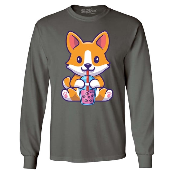 Shop4Ever Men's Cute Corgi Drinking Boba Tea Kawaii Long Sleeve Shirt Large Charcoal
