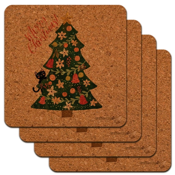 Christmas Tree with Cat Low Profile Novelty Cork Coaster Set
