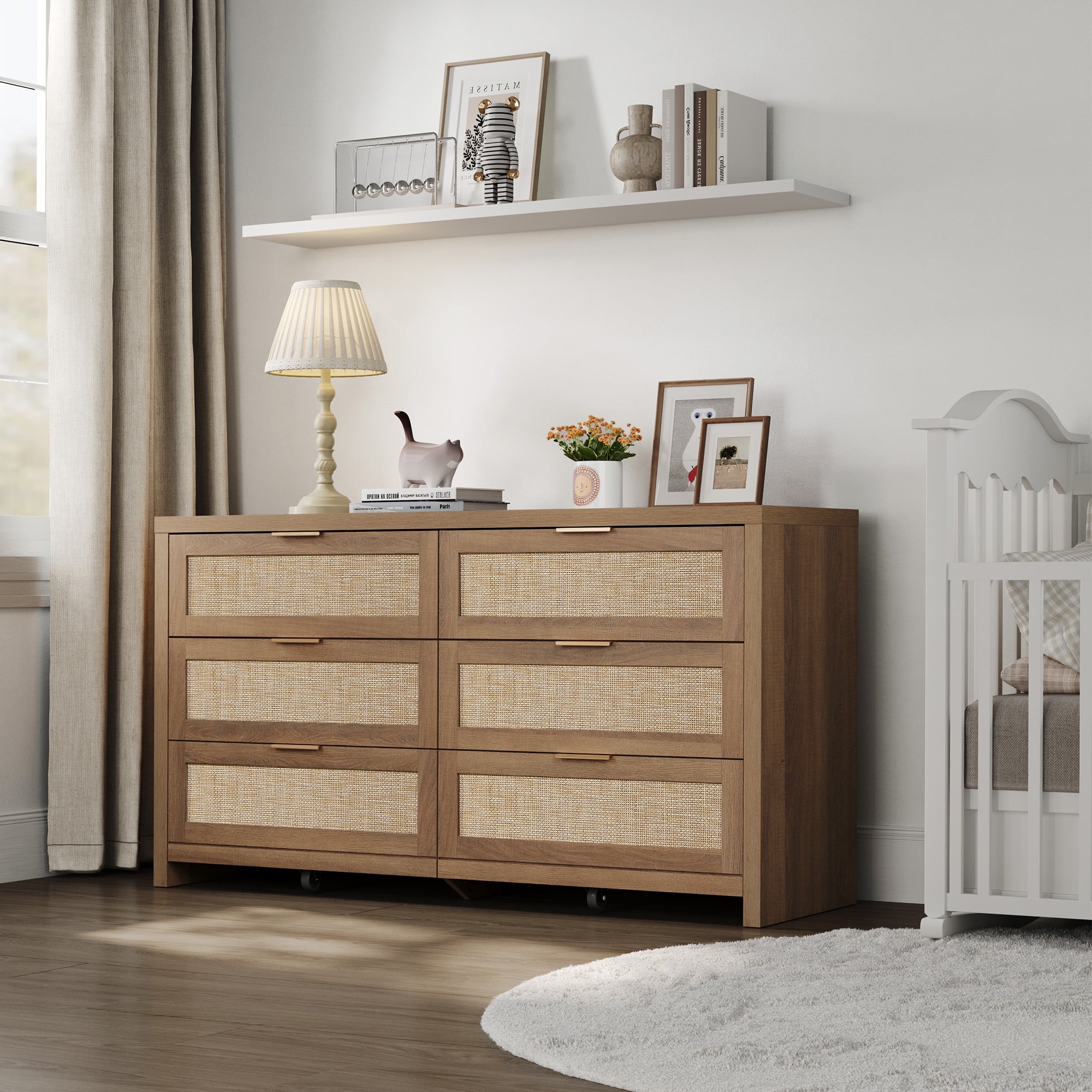 Surmoby Boho Dresser Set - 56.85" Wide 6-Drawer Storage with Rattan & Gold Handles for Master Bedroom or Living Room (Heavy Duty, Easy Assembly)