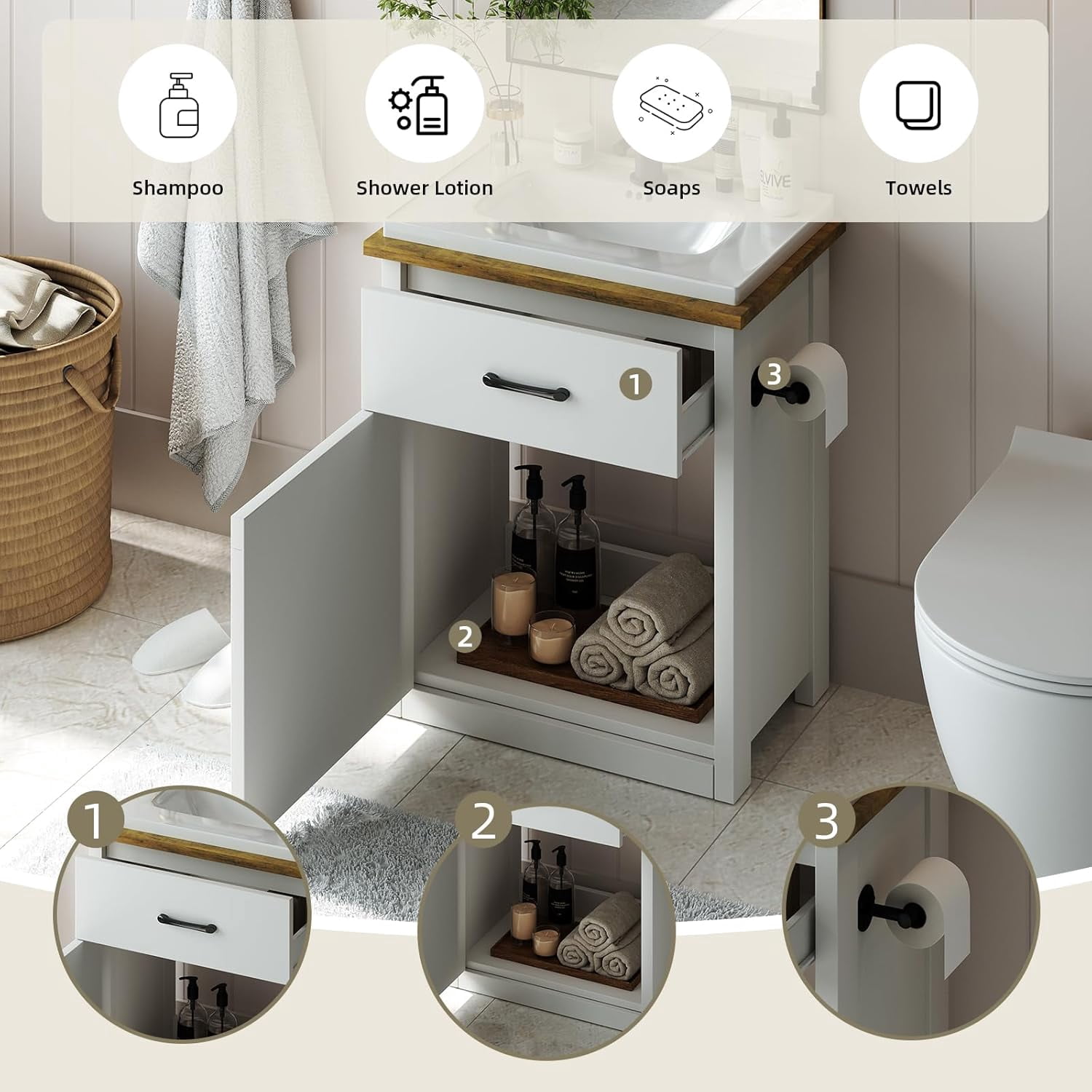DreamCurship Farmhouse Bathroom Vanity with Sink, Freestanding Sliding Barn Door Drawer, Ceramic Sink, 24 Inch, White