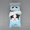 thumbnail image 1 of Cartoon Duvet Cover Set, Portrait of Domestic Kitten Newborn Bicolor Furry Head Pink Wet Nose Artwork, Bedding Set with Shams and Fitted Sheet, 3 Sizes, by Ambesonne, 1 of 3