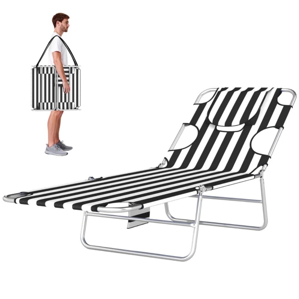 Outdoor Folding Sun Lounger 5-Position Adjustable Backrest Face Cavity & Arm Slots with Side Pocket Carry Strap Breathable Oxford Fabric Lounge Chair for Beach Pool Patio