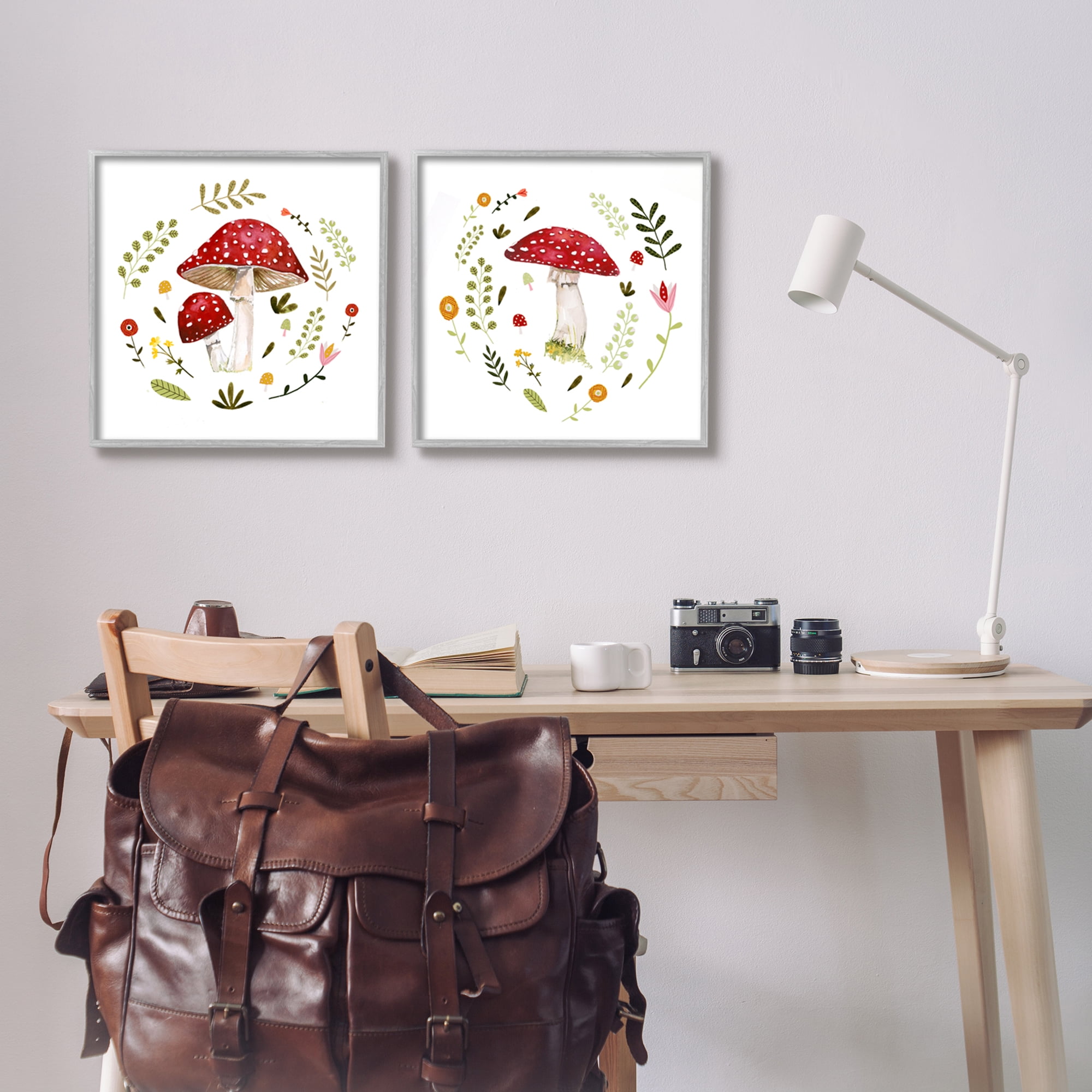 Stupell Industries Mushrooms & Flower Sprouts Botanical & Floral Painting Gray Framed Art Print Wall Art, 17 x 17, Set of 2