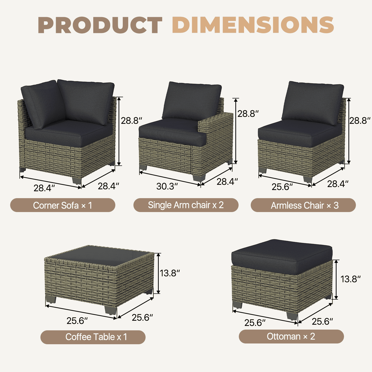 BaPiPro 9-Piece Outdoor Rattan Modular Patio Sofa Set with Thick Black Cushions, Multi-Use Ottoman and Easy-Clean Coffee Table for Garden and Patio Leisure Use