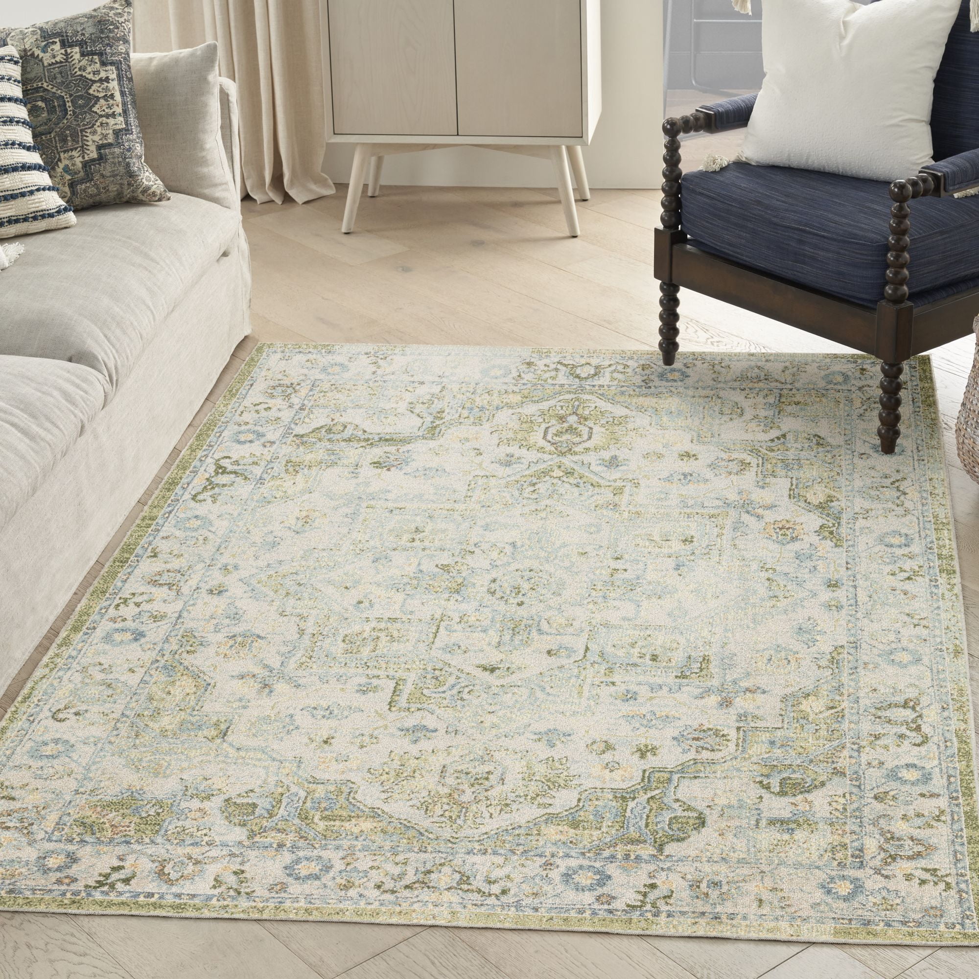 Nourison Astra Machine Washable 5'3" x 7' Blue Green Vintage Indoor Flatweave Rug