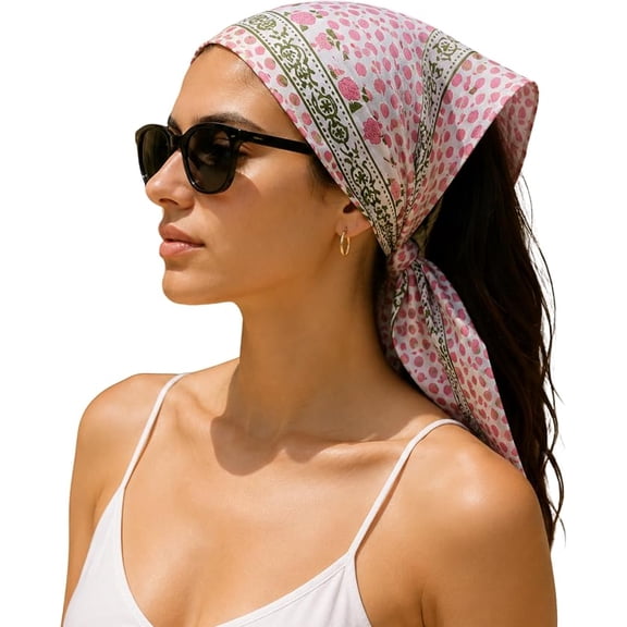 Women’s Printed Cotton bandanas, Pink & Green Floral Hair Wrap, Square Scarf, Bandana & Neck Scarf