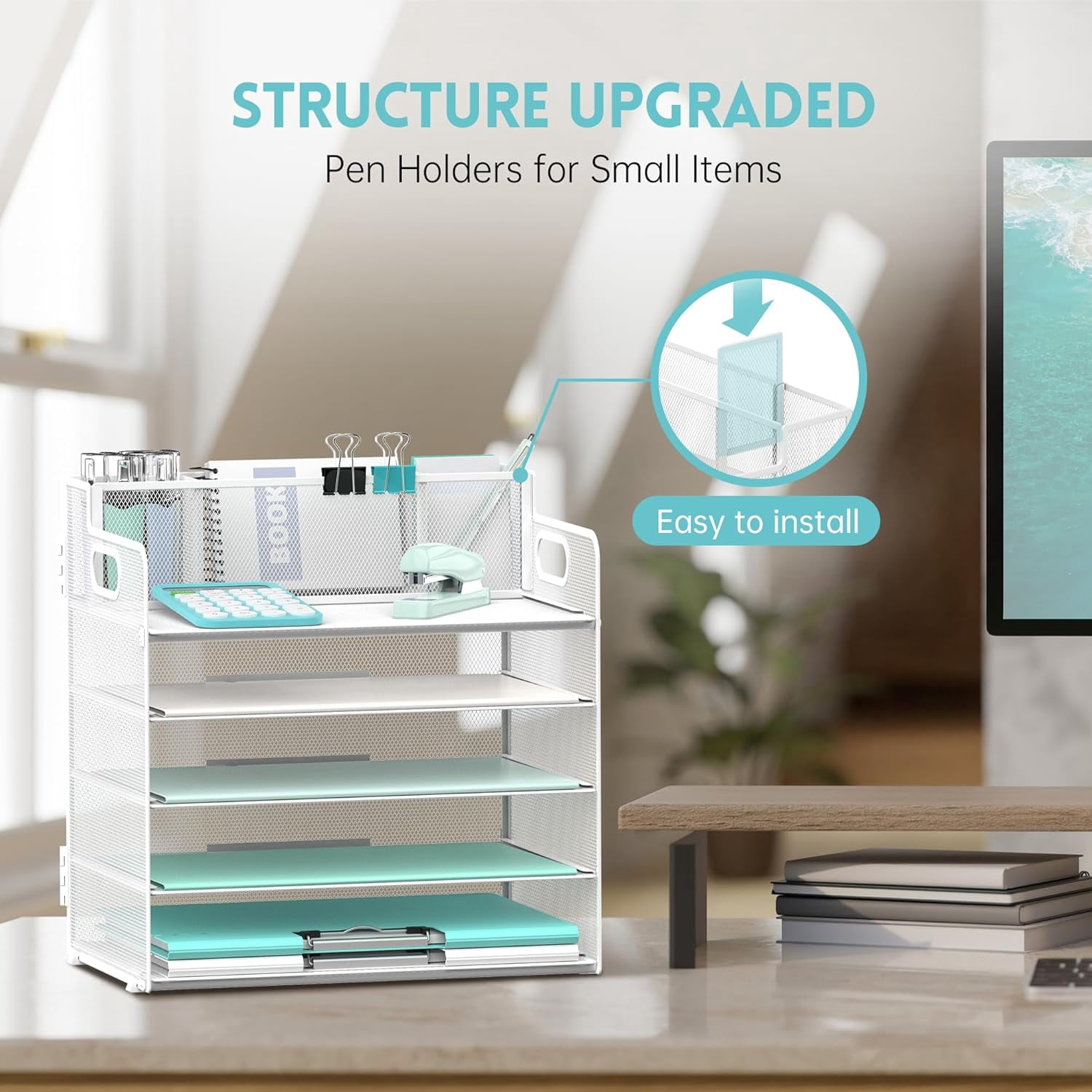 INTIGE 5 Trays Paper Organizer with 3 Pencil Holders-Letter Tray Desk Organzier with Handle (White)