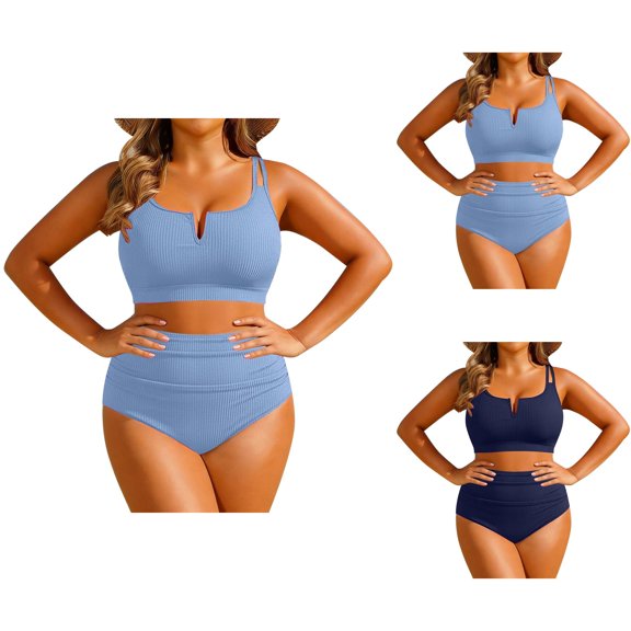 Womens Bikini Swimsuit Two Piece V Neck Knot Front High Leg Bottom Push Up Bathing Suit Tummy Control Swimwear Beach Vacation