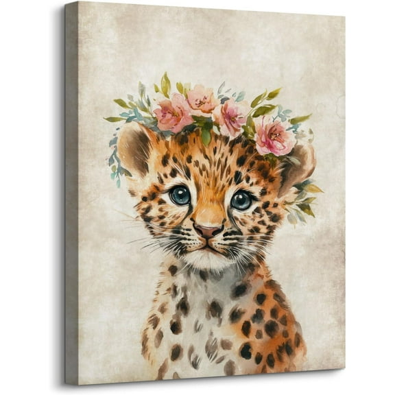 Aaheei Nursery Wall Decor Lovely Baby Leopard with Garland Pictures Print on Canvas Cute Animal Portrait Poster Artwork for Gallery Toddler Room Bedroom Home Decoration Wall Art