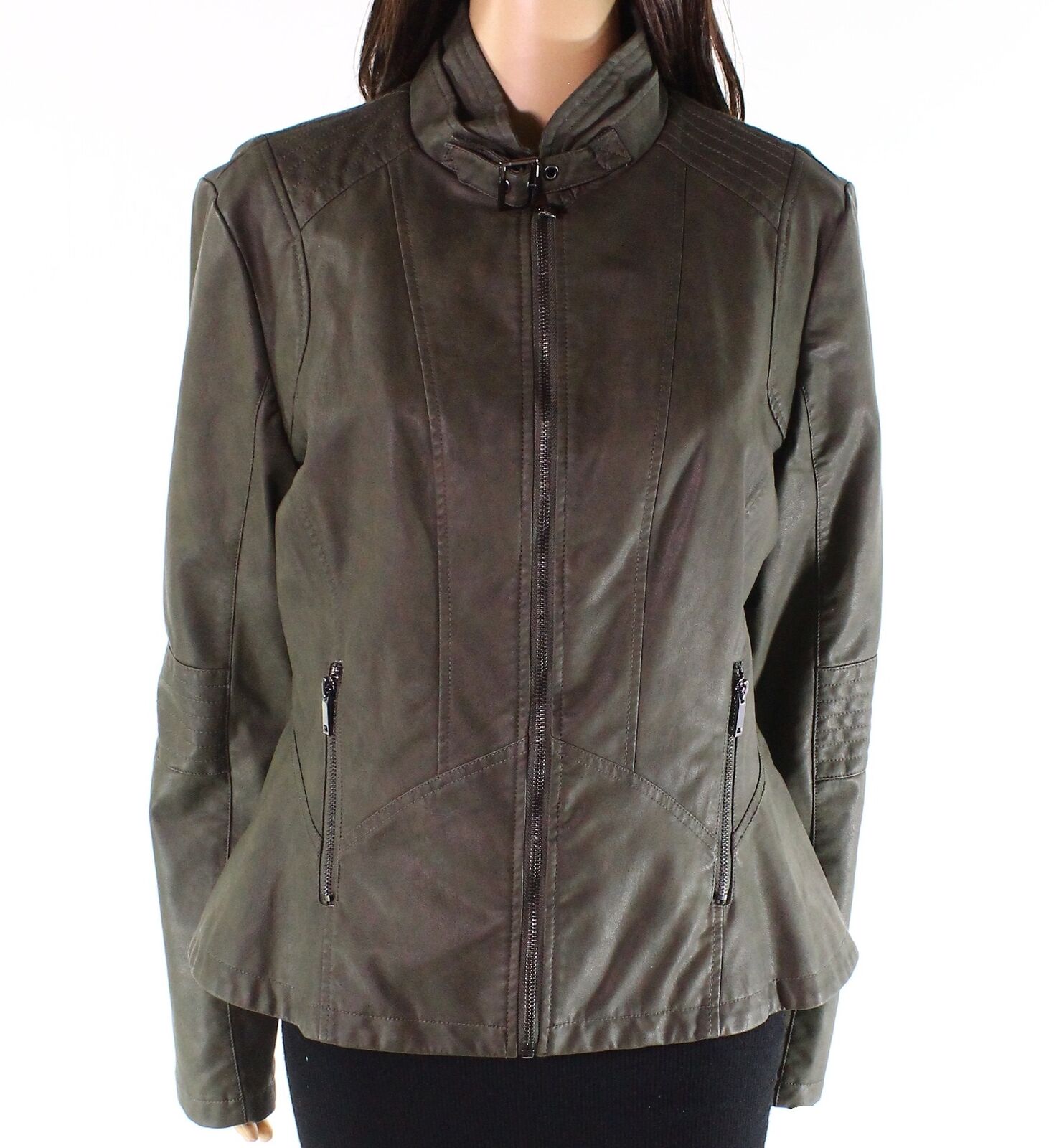 G Gallery Coats & Jackets - Womens Olive Jacket Faux-Leather Moto Full ...