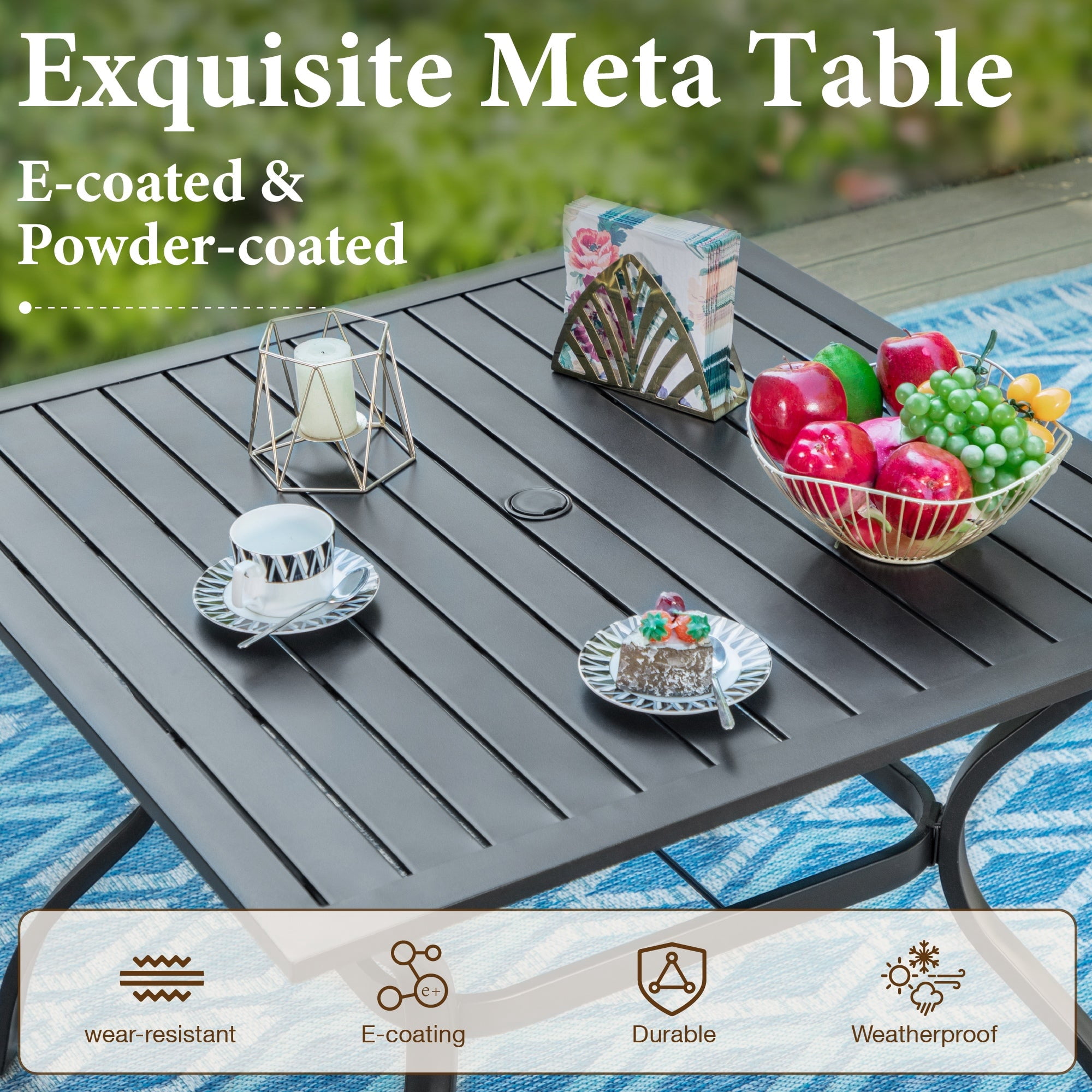 MF Studio 5-Piece Outdoor Patio Dining Set with 4 Wicker Cushioned Armchairs & 1 Square Table, Umbrella Support, Black & Dark Brown