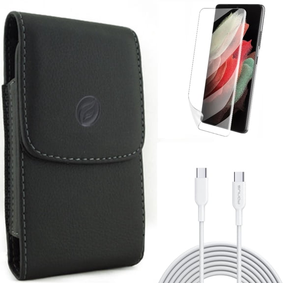 Matte Screen Protector w 6ft Long Type-C Cable w Case Belt Clip for Samsung Galaxy S21 Plus - TPU Film Anti-Glare, PD Fast Charger Cord Power, Leather Holster Accessory Bundle