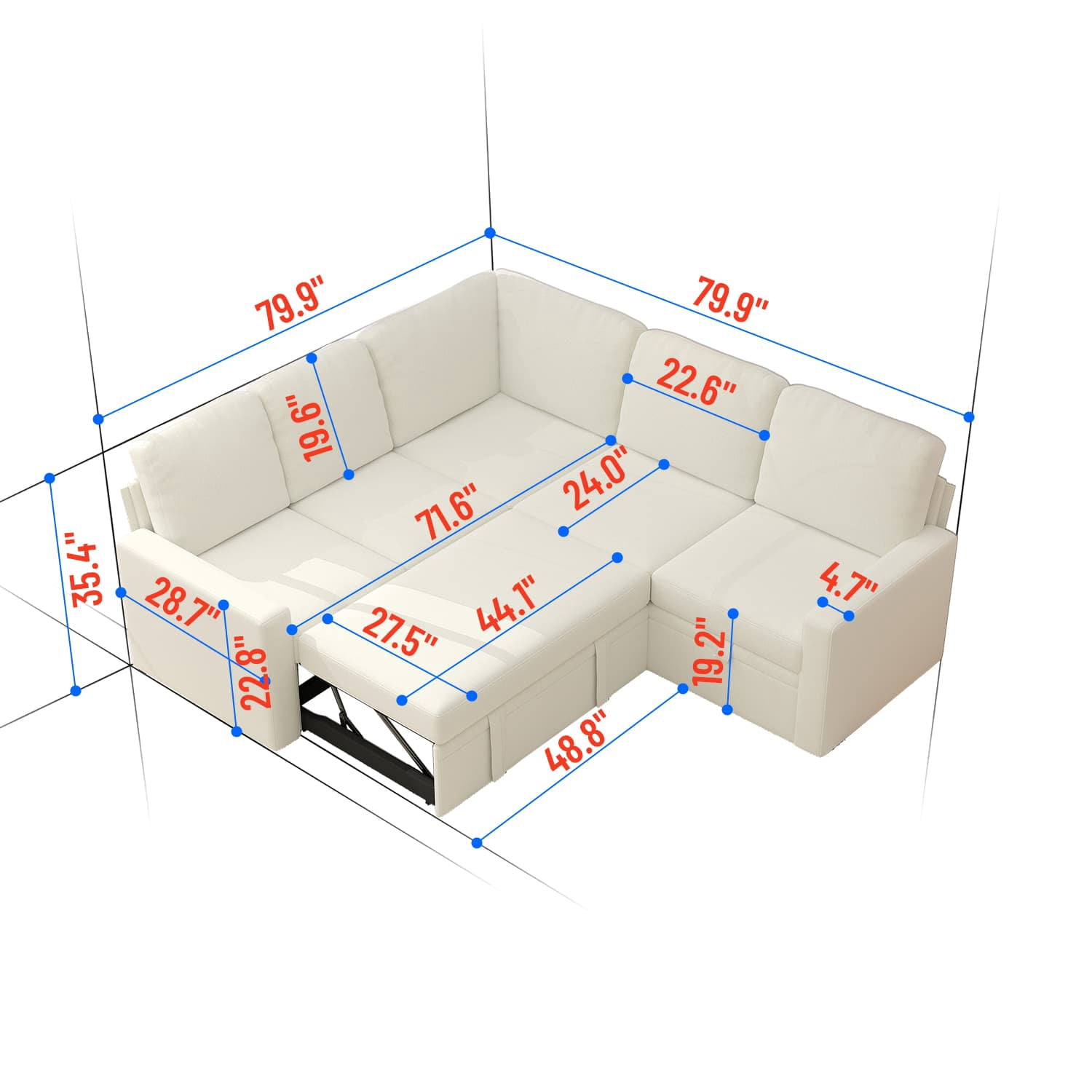 BSHTI Modern L-Shaped Pull-Out Sectional Sleeper Sofa Bed with Storage for Living Room, Beige