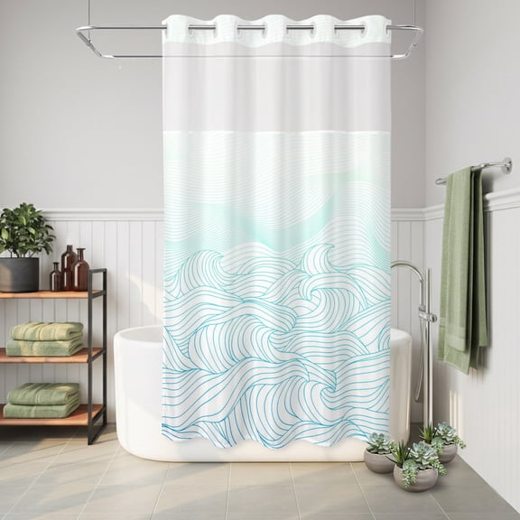 No Hook Shower Curtain Teal Blue Mountains Waterproof Fabric Shower Curtain Abstract Stripe Lines Hotel Style Bathroom Curtain with See Through Top Window Machine Washable 36x72in